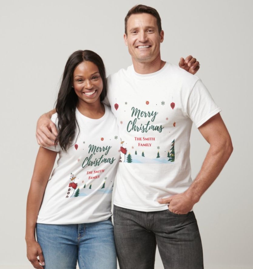 White Merry Christmas T-shirt with snowman and Christmas tree graphic, customizable family name