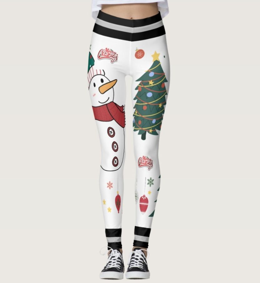 Festive Christmas leggings with snowman and holiday ornament pattern for women