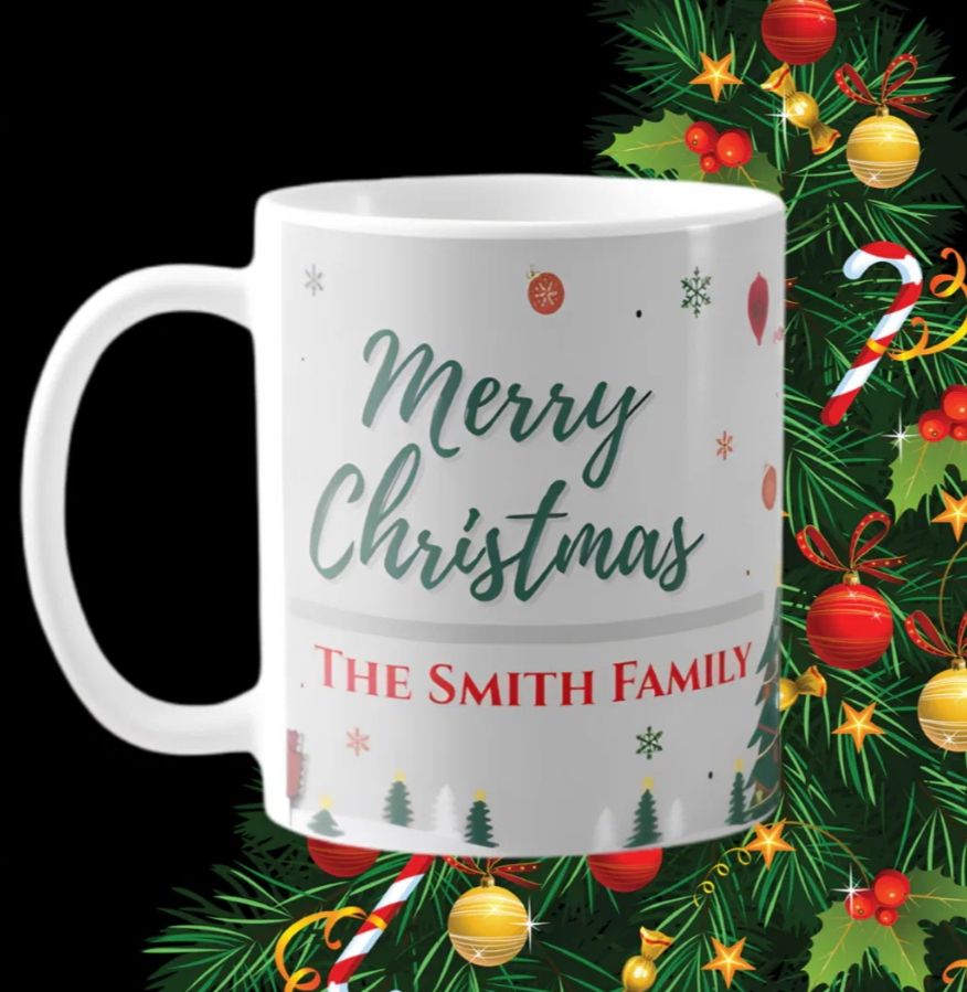 Custom Christmas mug with snowman design and personalized family name for holiday gifts