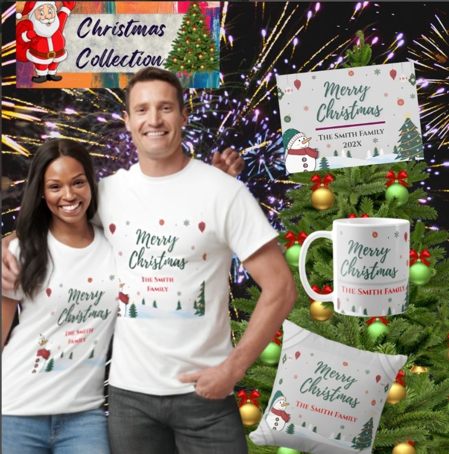 Christmas collection promotional image featuring a smiling couple wearing matching “Merry Christmas – The Smith Family” shirts, displayed with personalized Christmas gifts including a custom mug, pillow, and sign next to a decorated Christmas tree and fireworks background.