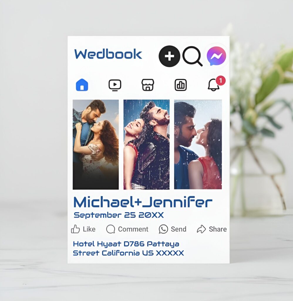 Minimal Facebook-inspired wedding invitation with blue Wedbook icons, couple photos, wedding details, and a clean white layout
