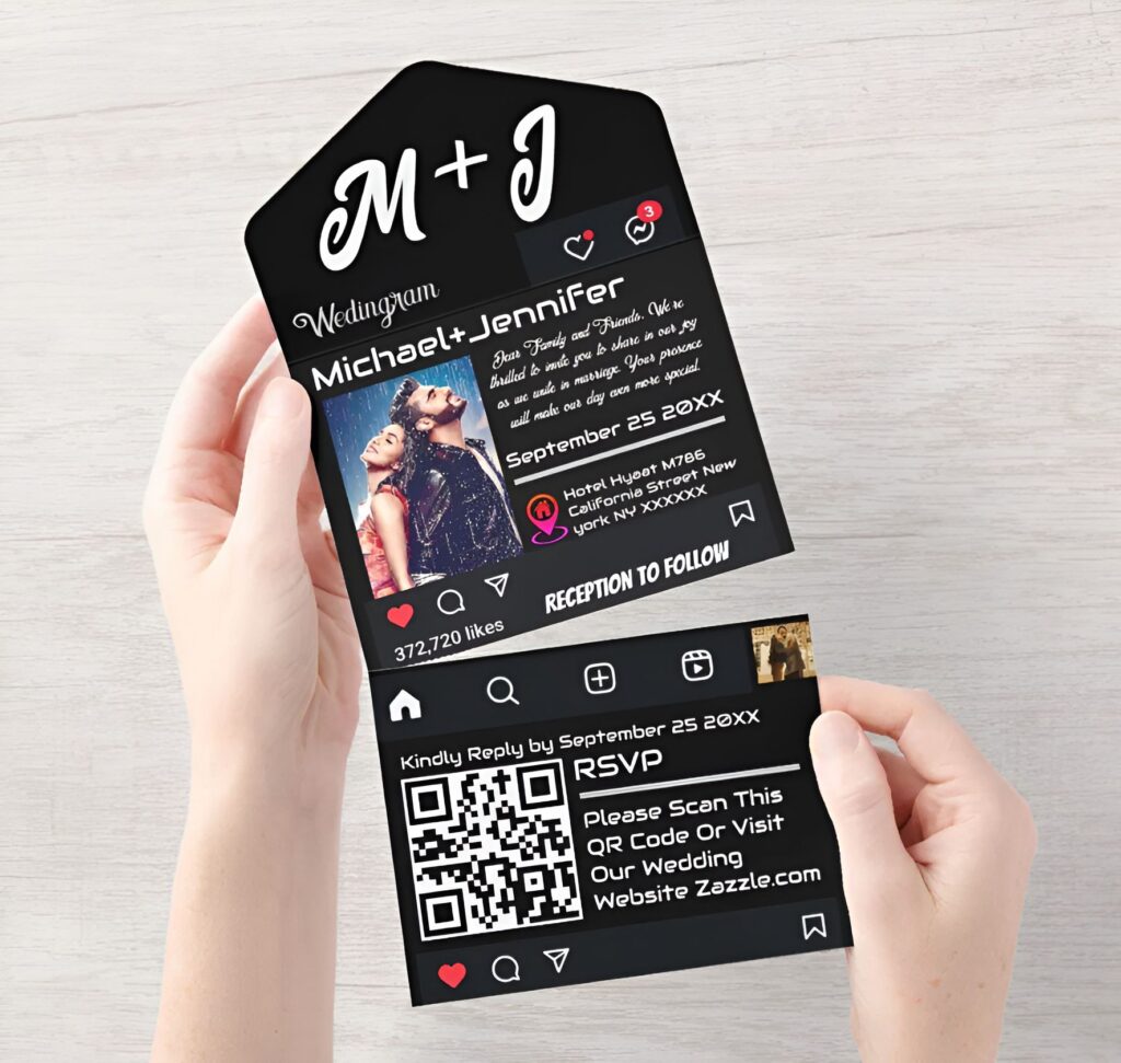 Black Instagram-style wedding invitation card with couple photo, icons and QR code RSVP