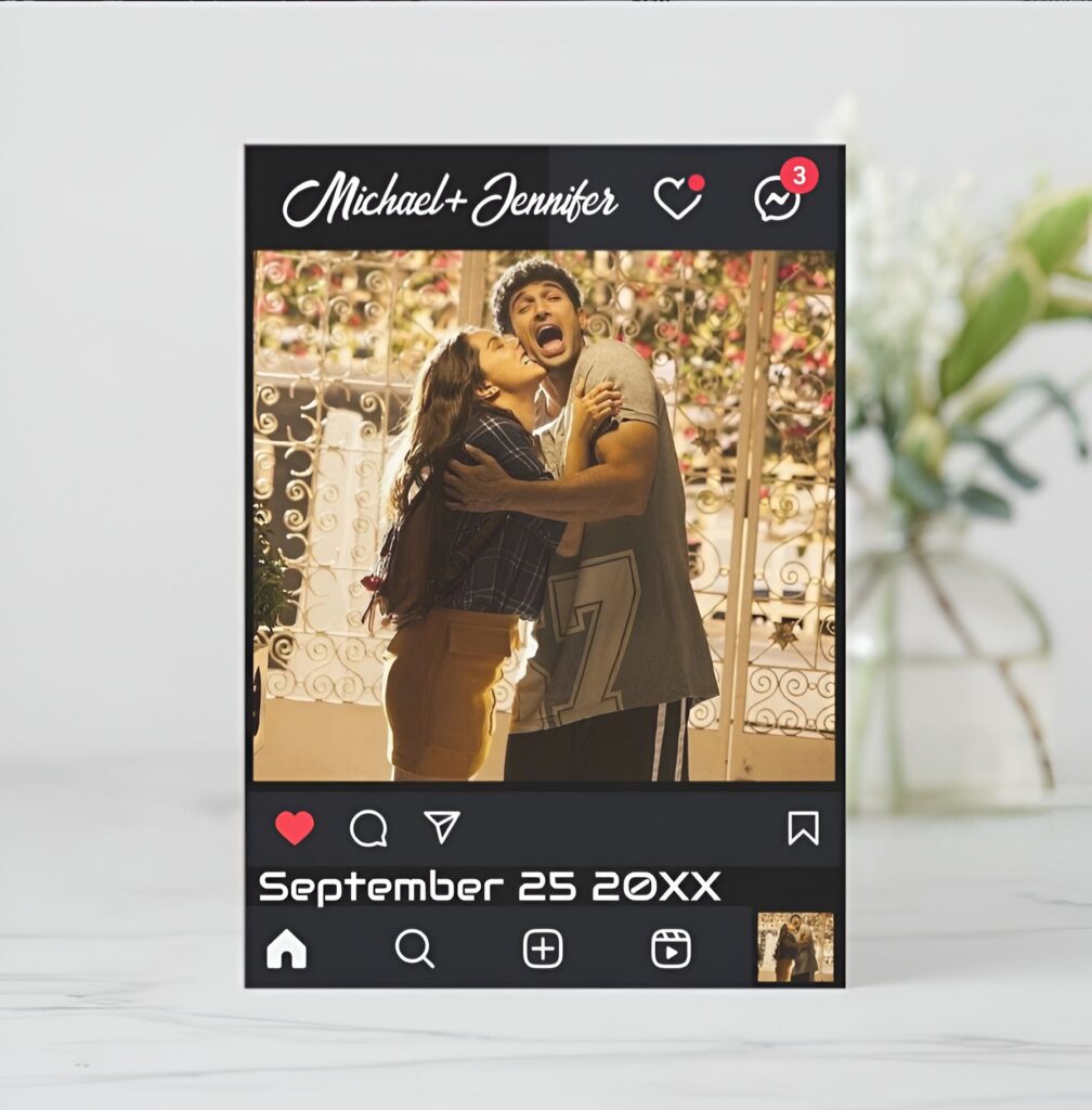 Minimal Instagram-style wedding invitation with a clean black layout, couple photo, wedding date, and soft modern icons