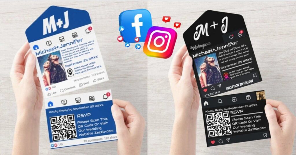 Social media themed wedding invitation cards designed like Facebook and Instagram layouts with couple photo and QR code RSVP