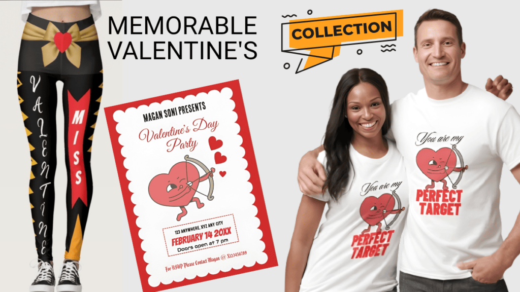 Valentine’s Day gift collection featuring matching couple t-shirts, heart cupid leggings, and post-Valentine party invitation by Dirty Fever