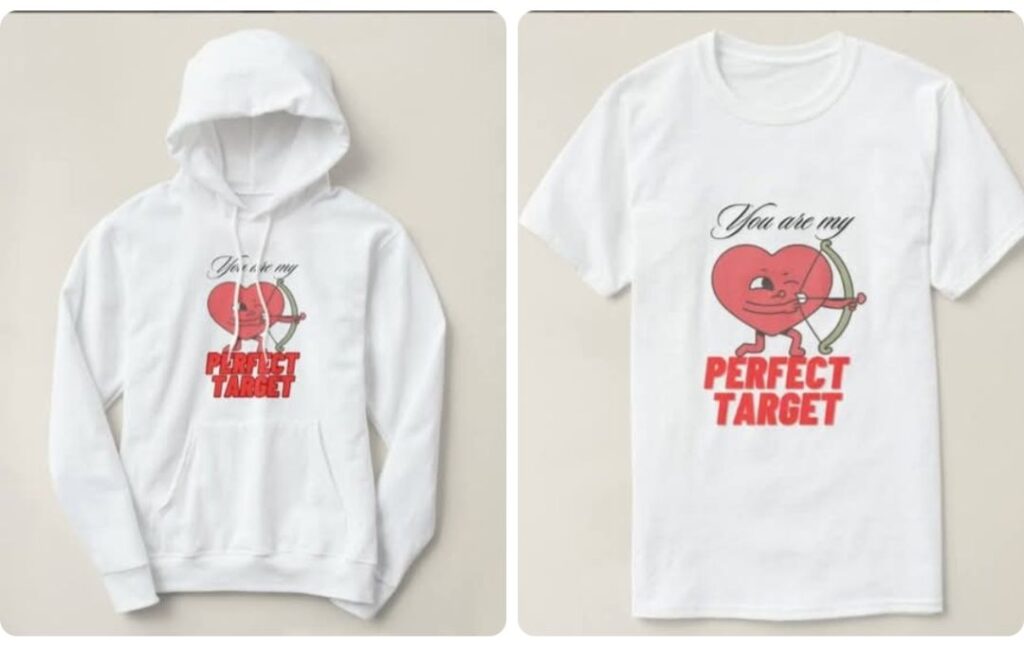 Valentine’s Day Perfect Target hoodie and t-shirt with cute heart design by Dirty Fever