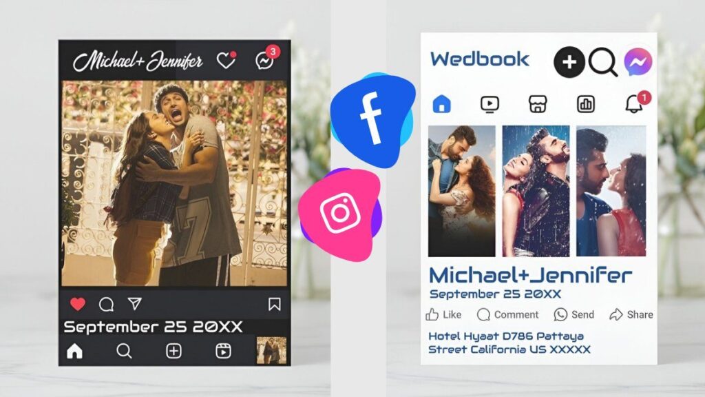 Facebook and Instagram theme wedding invitation designs showing social media style digital layouts for couples