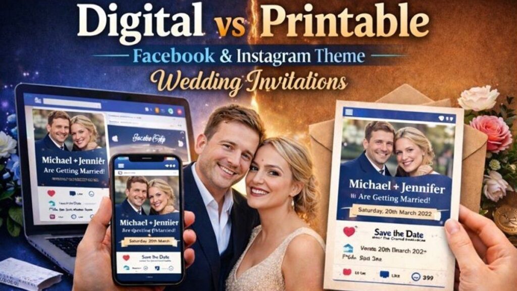 Digital vs printable Facebook and Instagram theme wedding invitations showing mobile and printed invitation formats