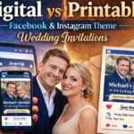 Digital vs printable Facebook and Instagram theme wedding invitations showing mobile and printed invitation formats