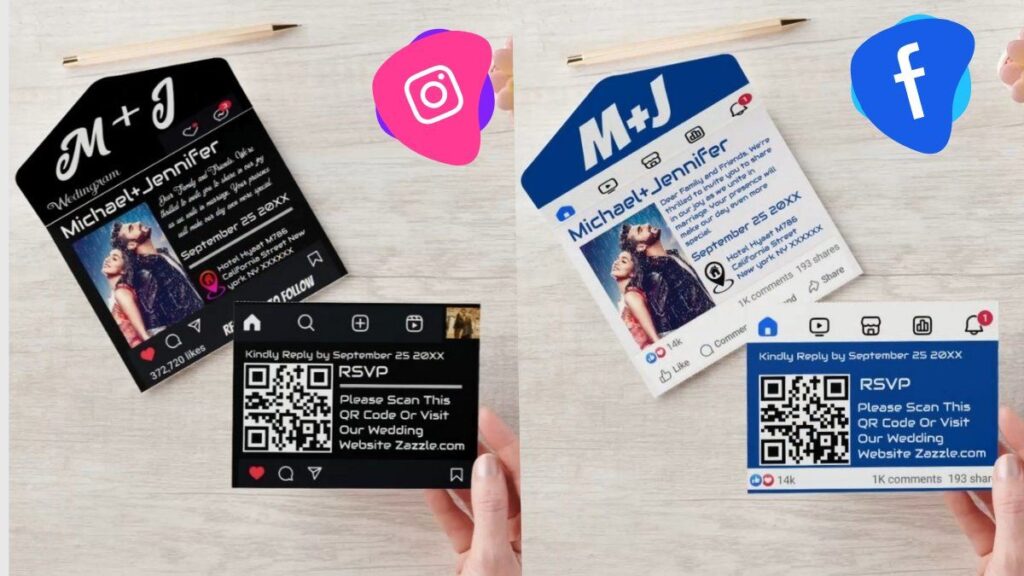 Facebook and Instagram theme wedding invitation cards with modern social media design layout