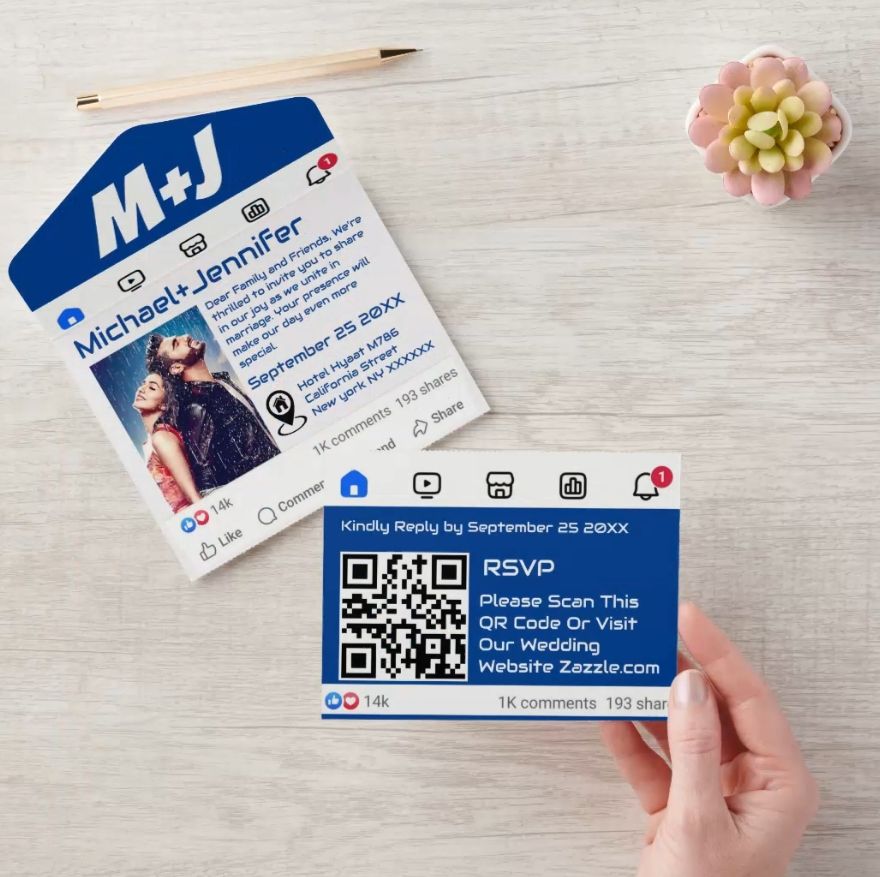 Facebook theme wedding invitation design with RSVP QR code and modern layout