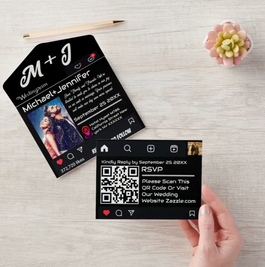 Instagram theme wedding invitation with profile-style layout and QR code RSVP
