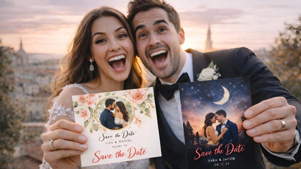 Smiling couple holding personalized Zazzle save the date cards for wedding announcement