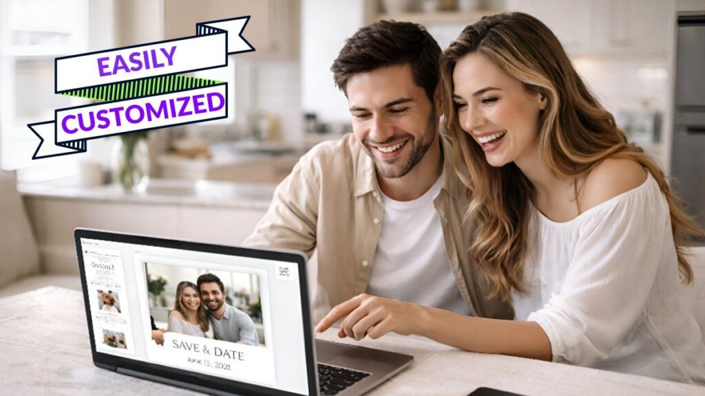 Couple Customize Zazzle save the date cards on laptop with photo and QR code