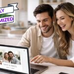 Couple Customize Zazzle save the date cards on laptop with photo and QR code