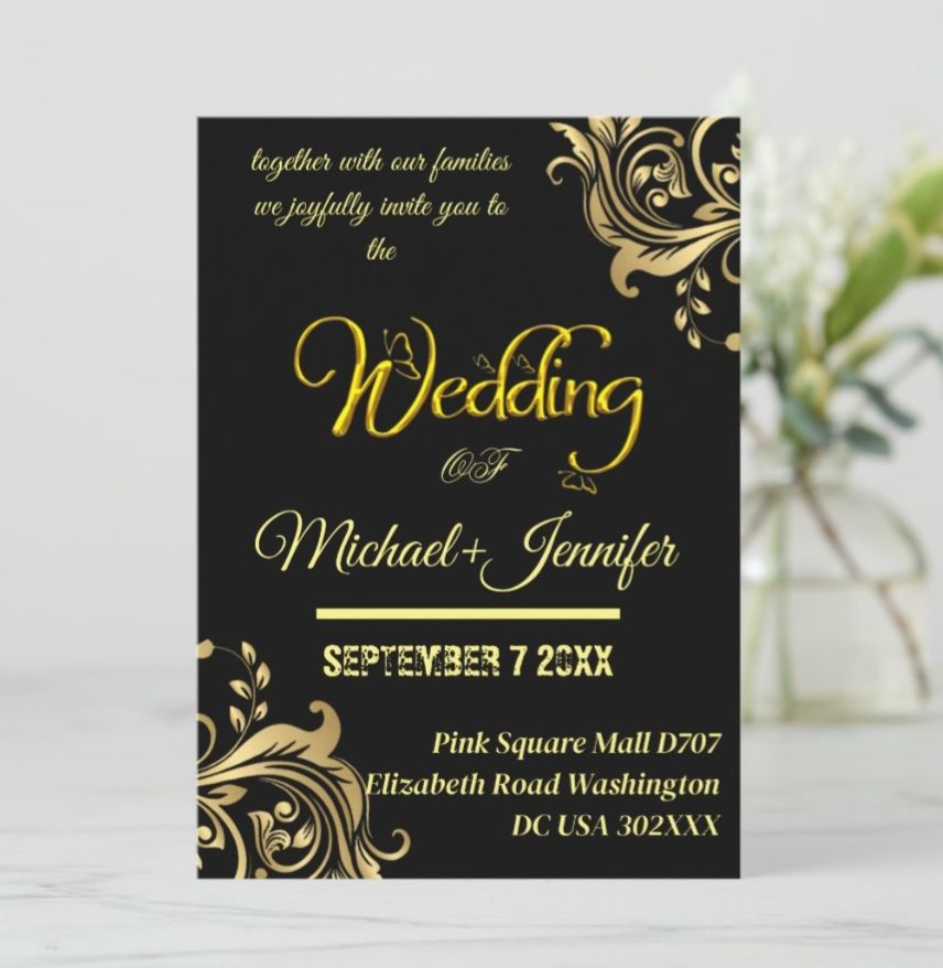 Elegant Golden Black Floral Invitation Card – Custom Wedding Invitation Suite by Dirty Fever