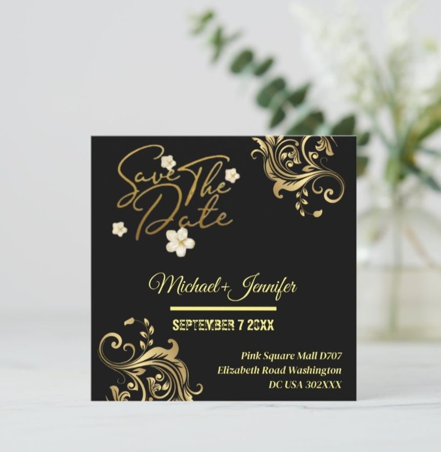 Elegant Golden Black Floral Save The Date Card – Custom Wedding Invitation Suite by Dirty Fever