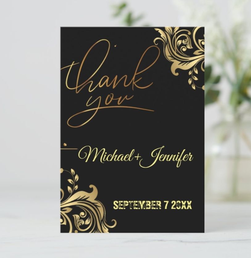 Elegant Golden Black Floral Thank You Card – Custom Wedding Invitation Suite by Dirty Fever
