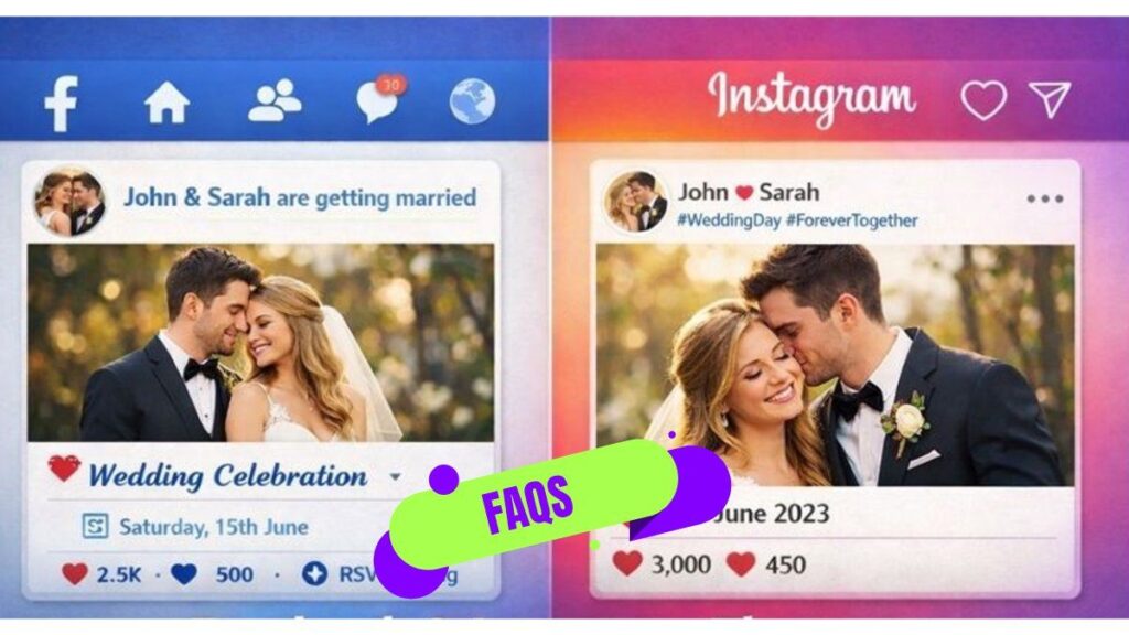 Facebook and Instagram theme wedding invitation design showing social media style wedding cards with customization and buying guide concept