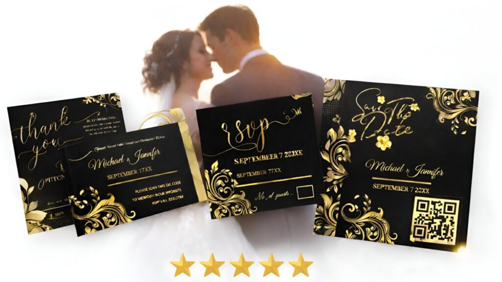 Elegant Golden Black Floral Custom Wedding Invitation Suite with Save The Date, RSVP and Thank You Cards