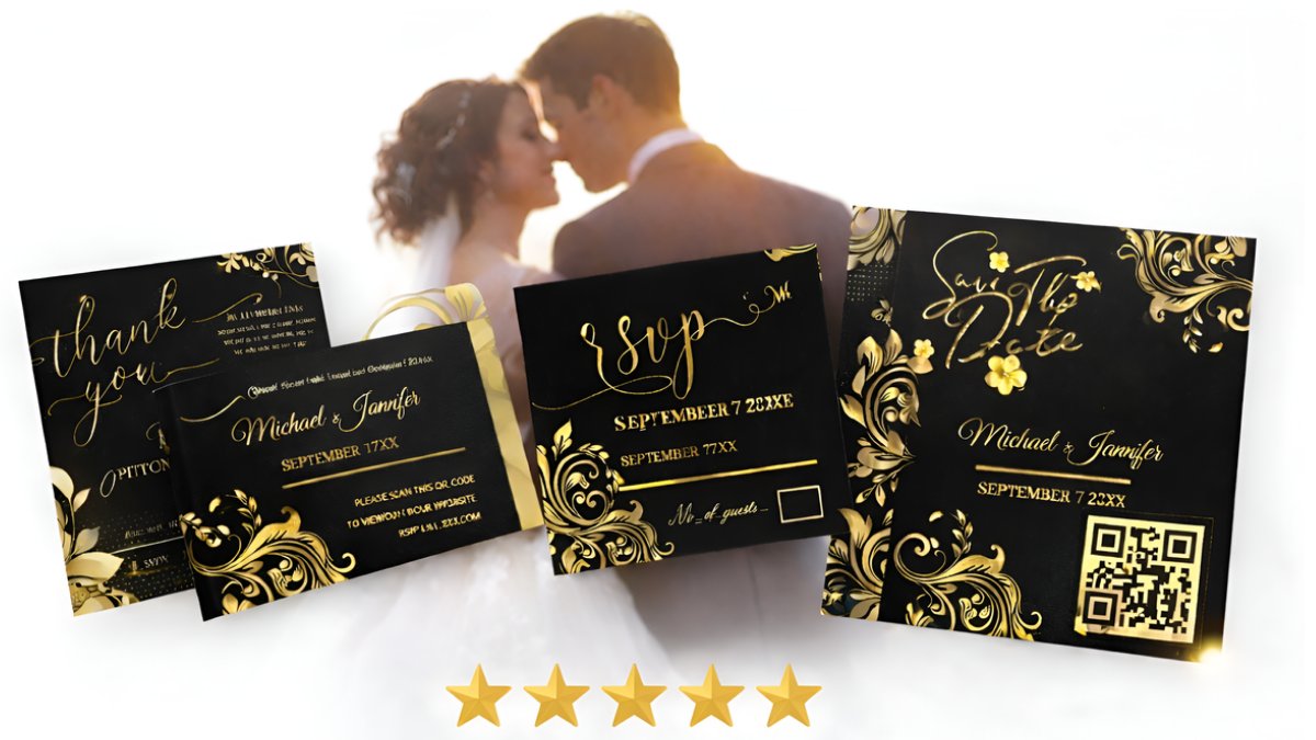 Elegant Golden Black Floral Custom Wedding Invitation Suite with Save The Date, RSVP and Thank You Cards