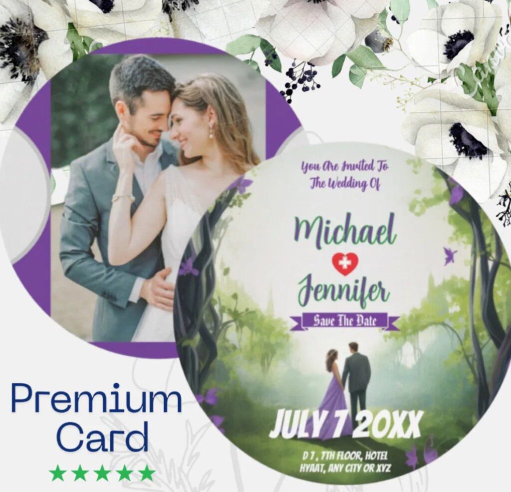 Purple forest round Zazzle save the date card for boho wedding