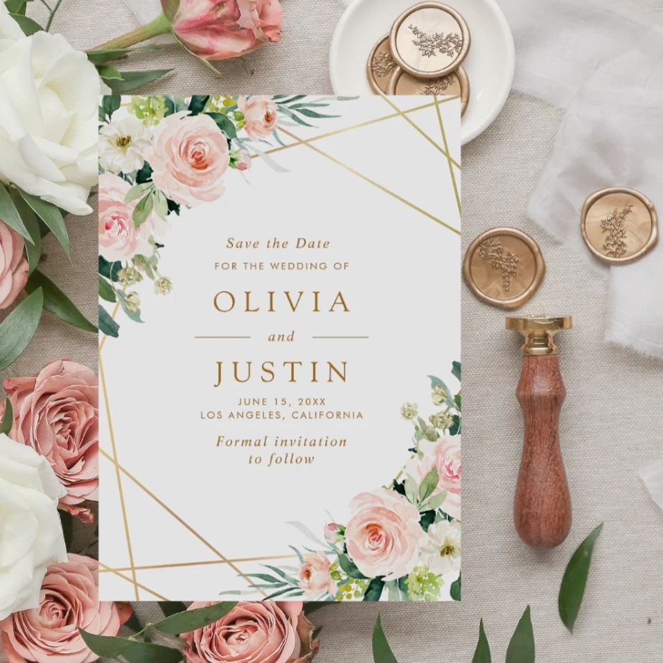 affordable floral save the date card with gold geometric design elegant wedding invitation