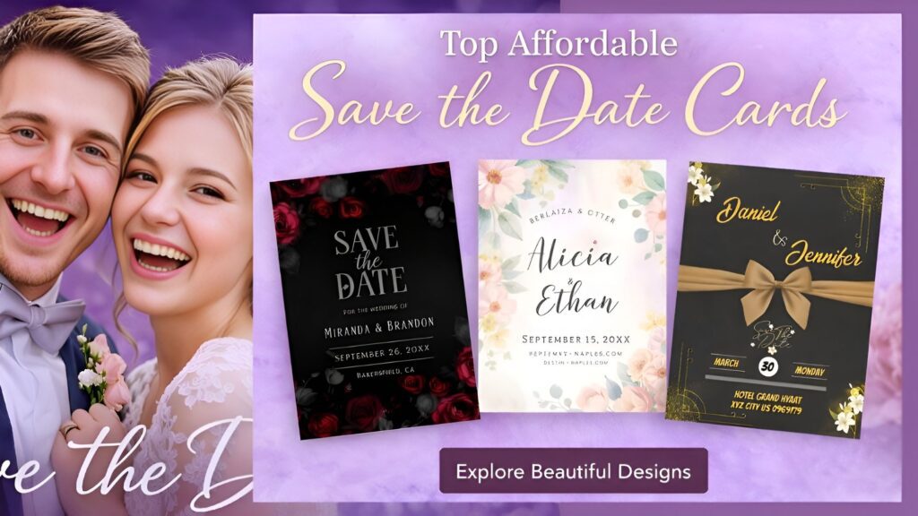 Affordable save the date cards banner featuring elegant floral, dark rose, and gold wedding designs