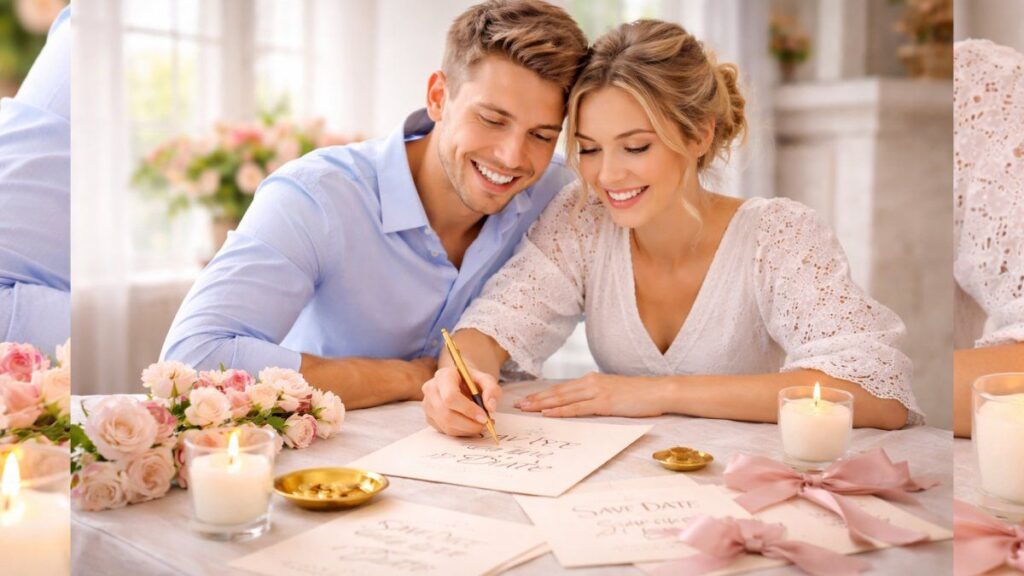 happy couple writing save the date cards with pen for wedding invitation wording ideas at home