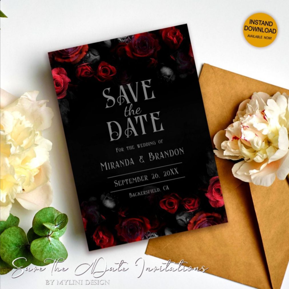 Affordable dark rose save the date card with black background and red floral design