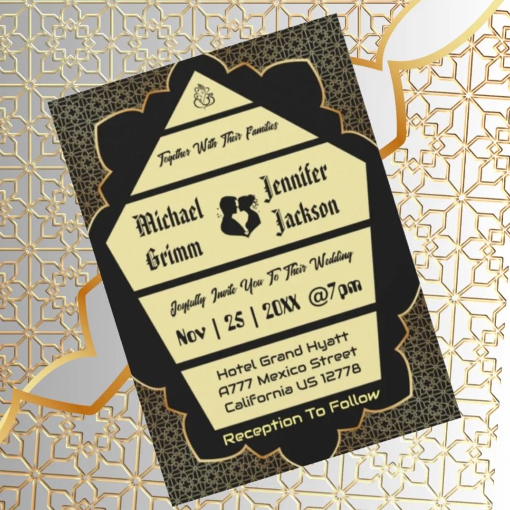 Elegant Gothic Golden QR Code Wedding Invitation Card