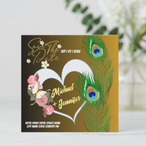 Elegant Peacock Feather & Rose Custom Wedding Save The Date Card
