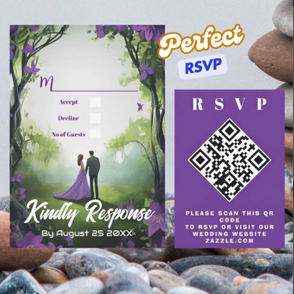 Romantic Purple Forest Design Wedding QR RSVP Card