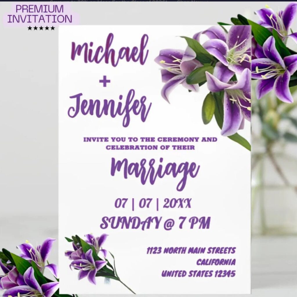 Elegant Purple Lily Floral Minimalist Wedding Invitation