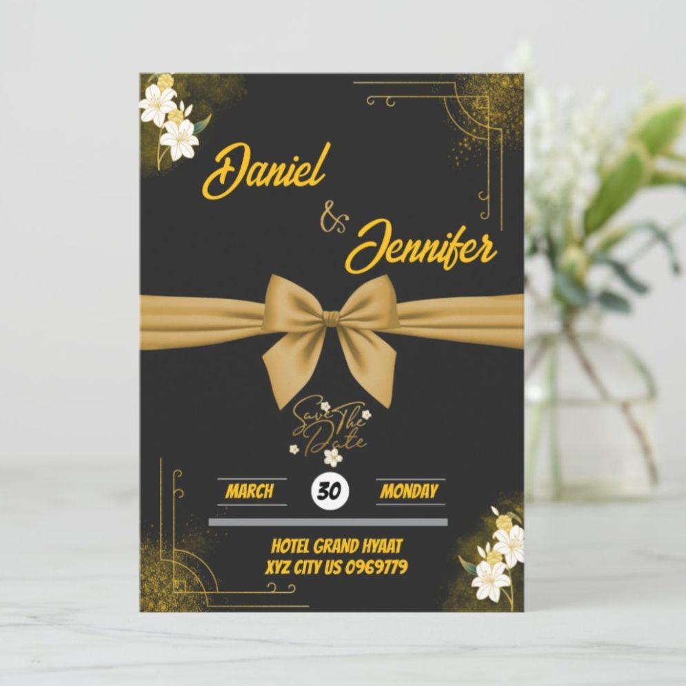 affordable black and gold save the date card with ribbon luxury wedding design