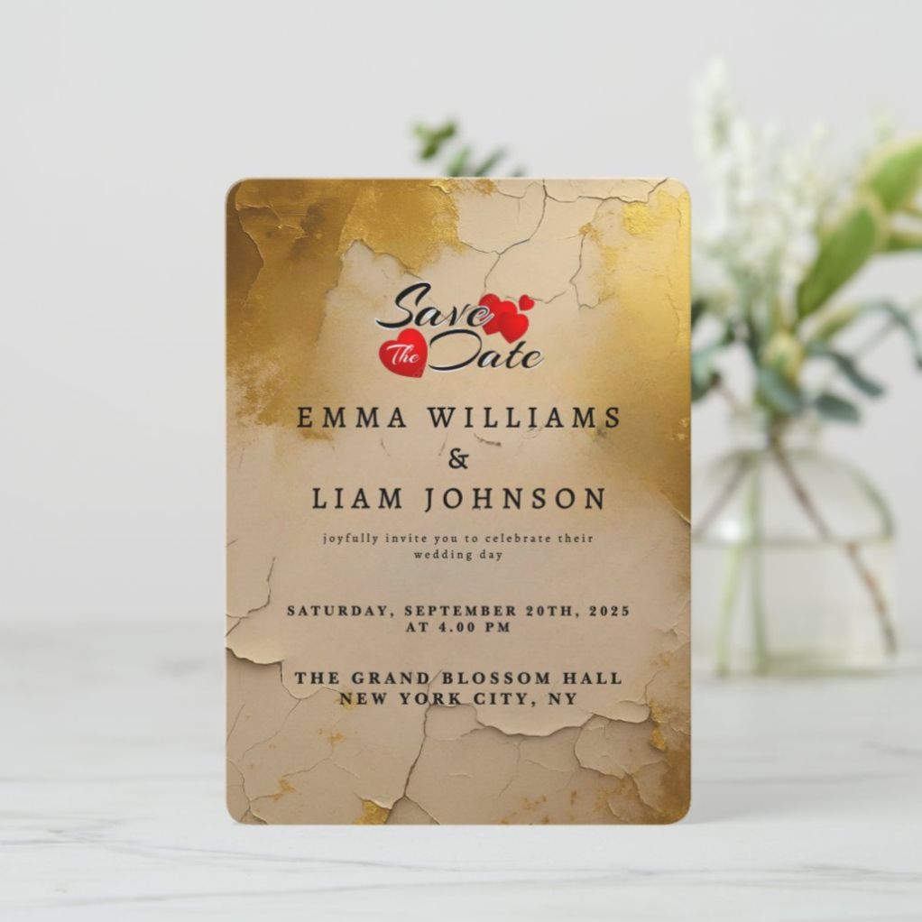 affordable save the date card with gold vintage marble texture elegant wedding design