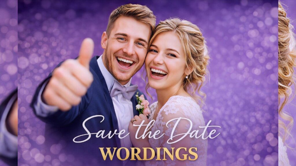 Save the date wordings examples with happy wedding couple on purple background for wedding invitation ideas