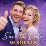 Save the date wordings examples with happy wedding couple on purple background for wedding invitation ideas