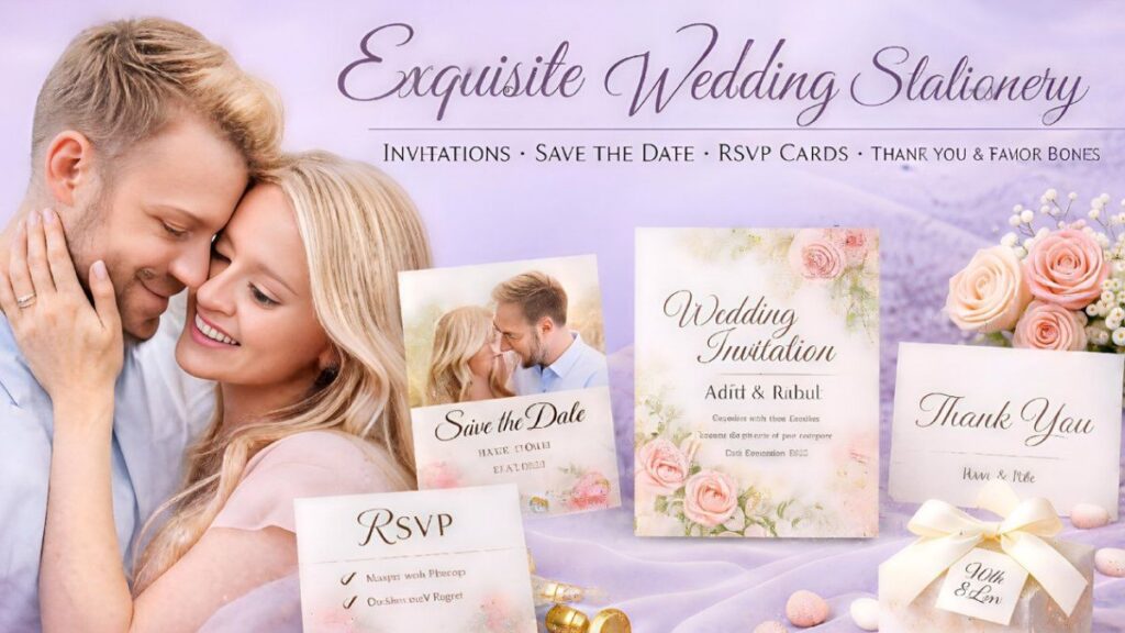 Elegant wedding stationery banner with British couple on light purple background showcasing custom wedding cards like invitation, save the date, RSVP, thank you cards and favor box