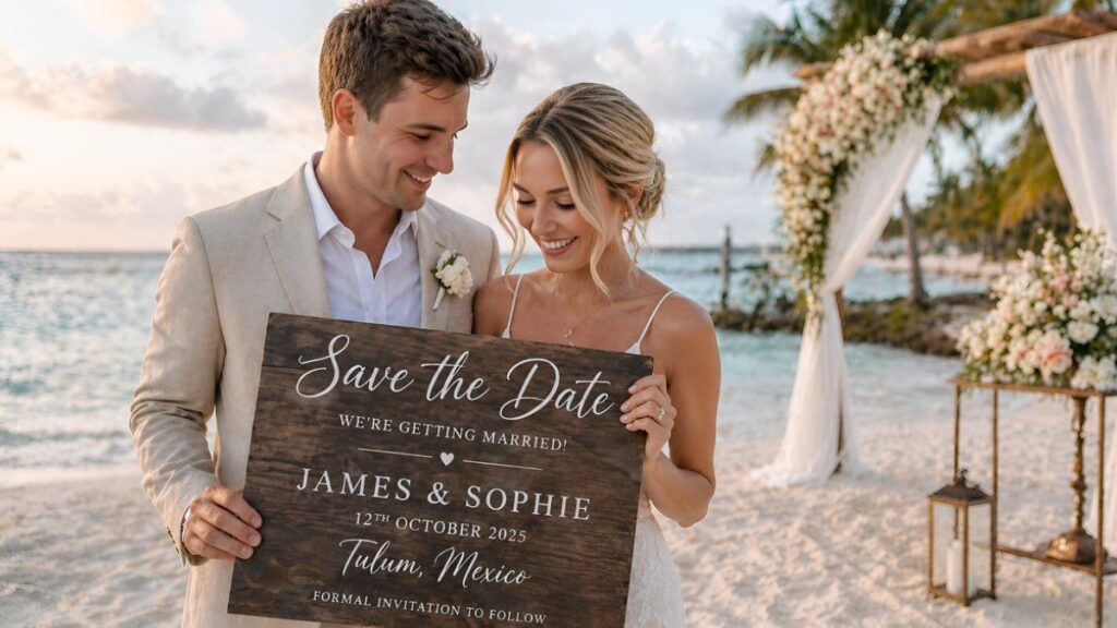 british couple holding save the date sign at beach destination wedding