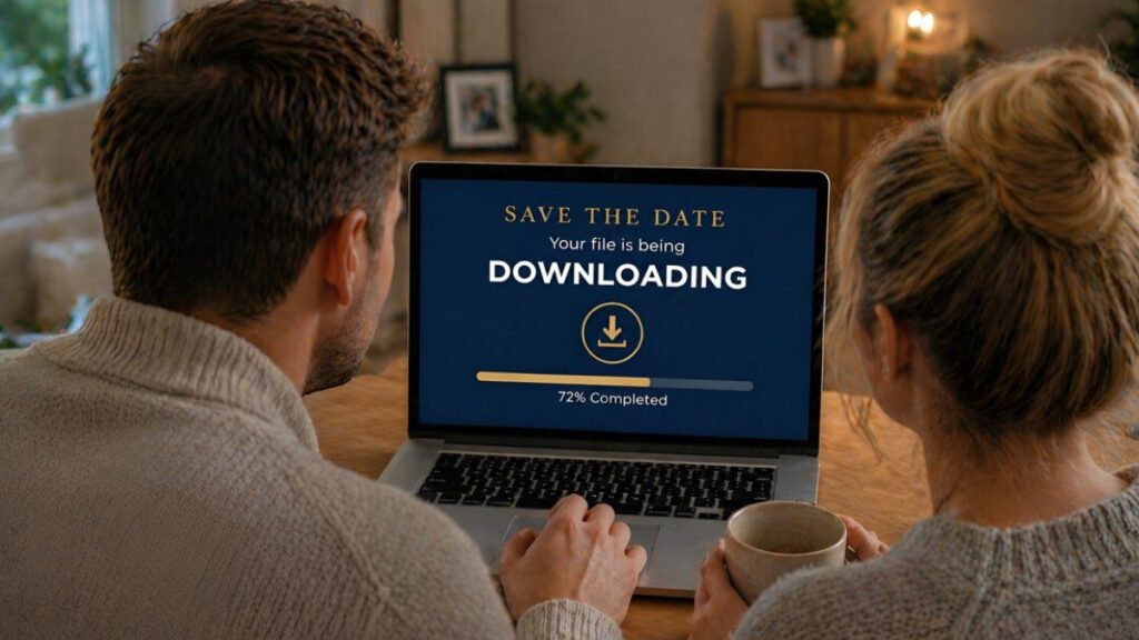 couple downloading digital save the date wedding card on laptop at home