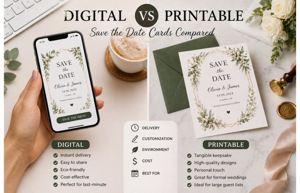 digital vs printable save the date cards comparison showing phone and printed card side by side
