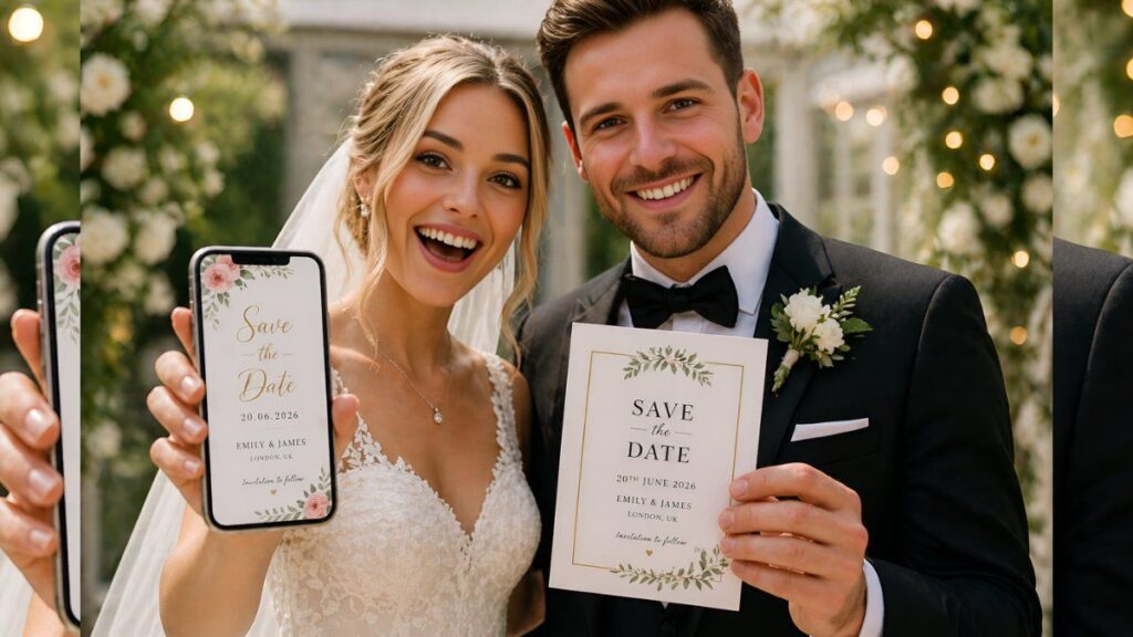 bride showing digital Vs Printable save the date Cards on phone and groom holding printed save the date card comparison