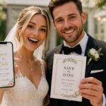 bride showing digital Vs Printable save the date Cards on phone and groom holding printed save the date card comparison