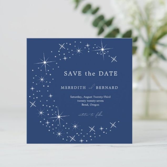 luxury celestial save the date cards navy blue starry night wedding design