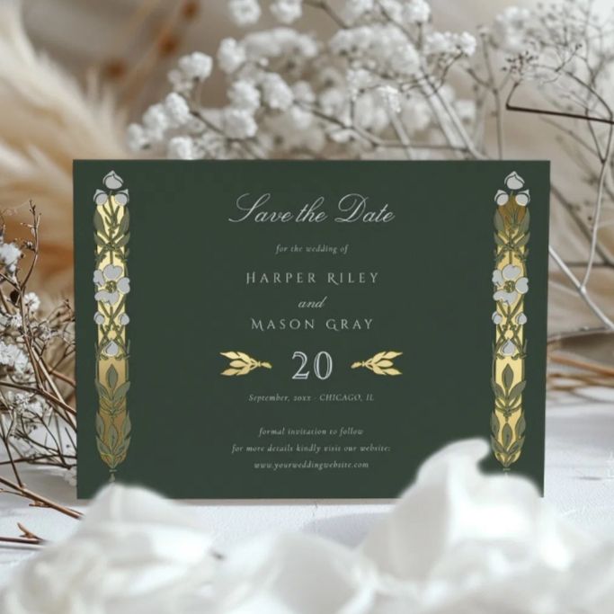 luxury emerald green save the date cards gold botanical wedding design