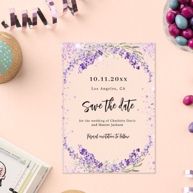 luxury transparent floral save the date cards lavender wedding design