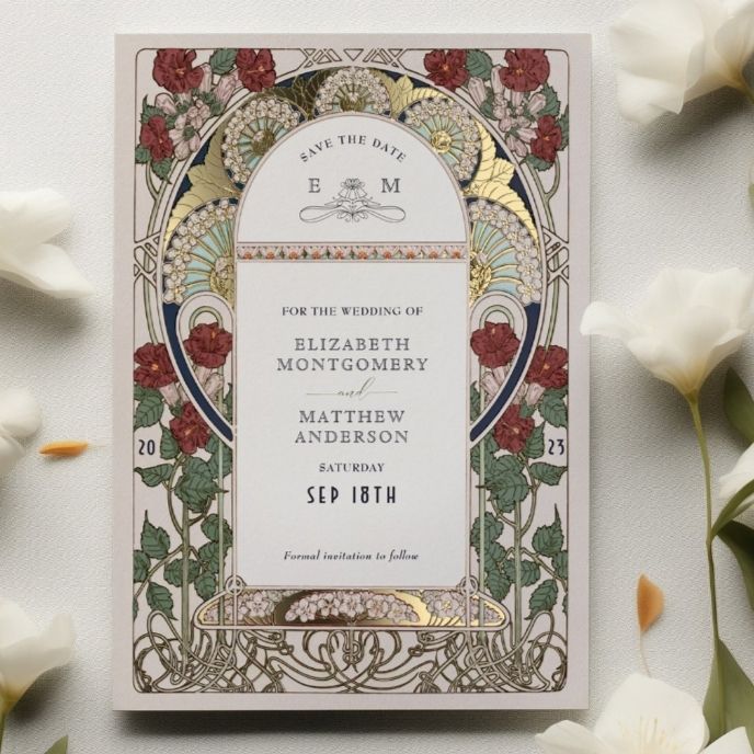 luxury vintage art deco save the date cards floral gold wedding invitation