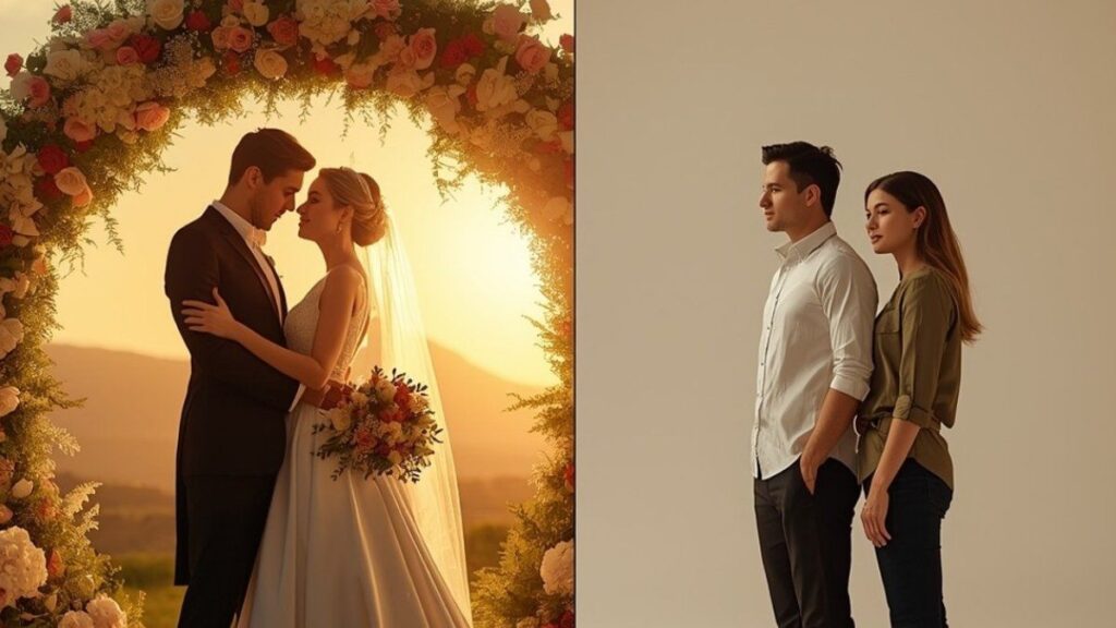 luxury vs normal wedding couple comparison elegant vs simple wedding concept