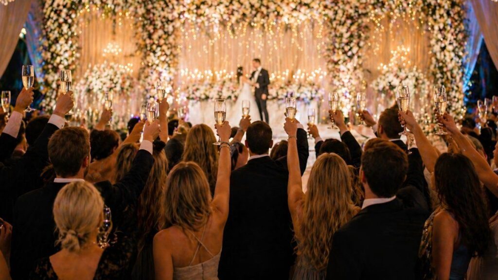 wedding guests raising champagne glasses toward stage during luxury wedding reception